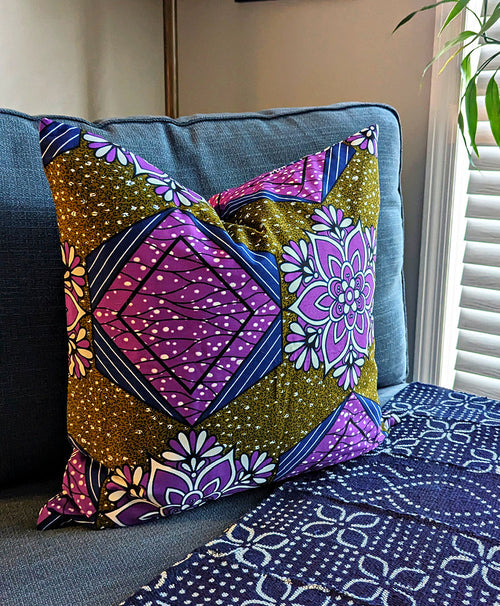 African Fabric Pillow Cover - Purple Olive Green Navy